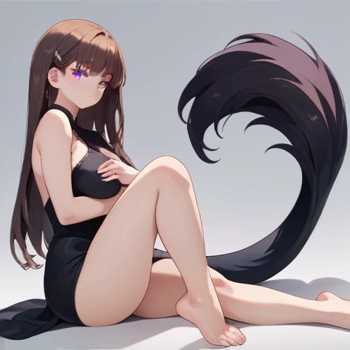 1 adult anime girl, solo, looking at viewer, black tail, strong purple eyes, sitting, big breasts, black dress, 2 very slim dress bands covering breasts, hair hears, long dark brown hair, nsfw, 1 breast exposed.