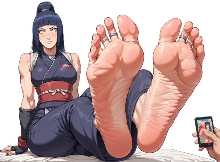 hinata from naruto, feet, soles, very wrinkled soles, disgusting dirty soles, black toenail, toes ring, soles focus, big breast....