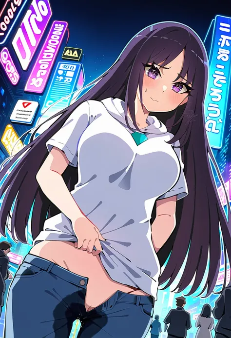 (masterpiece:1.37), best quality, (extremely detailed:1.37), woman, mature, adult, large breasts, very long hair, (straight hair:1.5), dark purple hair, purple eyes, (extremely detailed eyes:1.37), hoodie, jeans, (groin:1.25), desperation, (wetting: self 3...