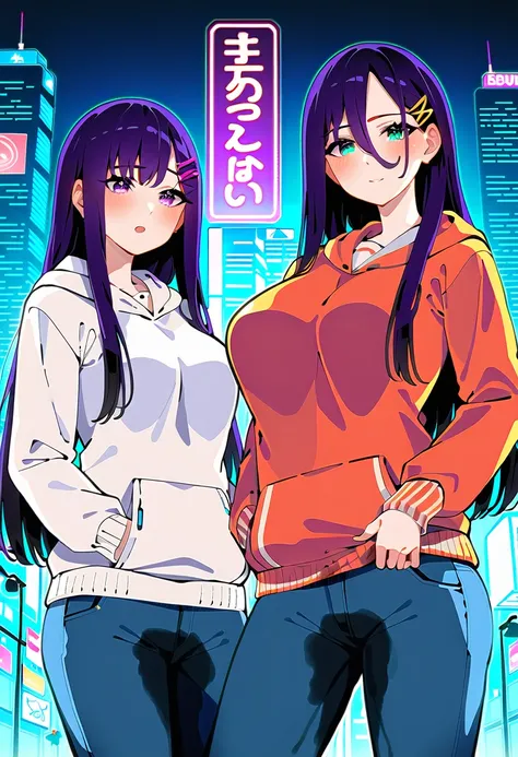 (masterpiece:1.37), best quality, (extremely detailed:1.37), woman, mature, adult, large breasts, very long hair, (straight hair:1.5), dark purple hair, purple eyes, (extremely detailed eyes:1.37), hoodie, jeans, (groin:1.25), desperation, (wetting: self 3...