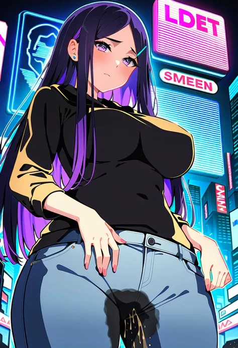 (masterpiece:1.37), best quality, (extremely detailed:1.37), woman, mature, adult, large breasts, very long hair, (straight hair:1.5), dark purple hair, purple eyes, (extremely detailed eyes:1.37), hoodie, jeans, (groin:1.25), desperation, (wetting: self 3...