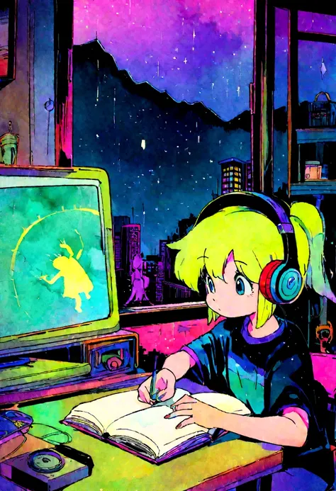 (zero), Girl studying in her room, reading a book, Wear headphones, , night lights, Neon landscape on a rainy day,Analog Color Theme, Lo-Fi Hip Hop , retrospective, flat, 2.5D ,Draw a line, Ink Drawing, Large slope, Watercolor painting, Goosch Colors, Stud...