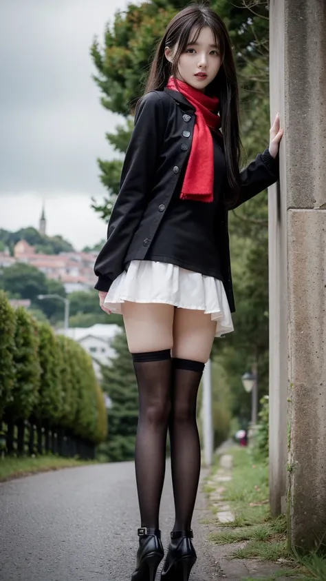 (to the firmware), 1 Woman, 24 years oF age, (Cute Face), (Ideal body proportions), Modern old town landscape, ((Lolita clothing)), (((Red muFFler))), wet, White skin, Slender, Black Hair, Long hair, beautiFullegs, Small butt, Thin legs, Surrealism, light,...