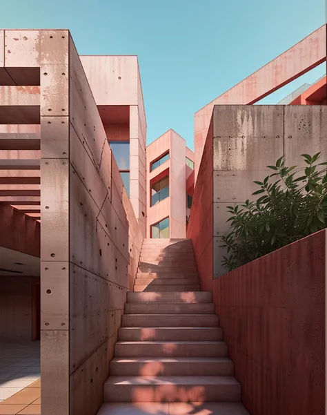 there is a red building with a staircase going up to it, inspired by Ricardo Bofill, pink concrete, architecture render, architectural visualisation, architectural render, archdaily, red building, final render, inspired by David Chipperfield, architectural...