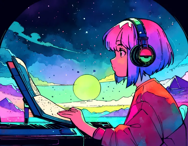 (zero), Girl studying in her room, reading a book, Wear headphones, , night lights, Neon landscape on a rainy day,Analog Color Theme, Lo-Fi Hip Hop , retrospective, flat, 2.5D ,Draw a line, Ink Drawing, Large slope, Watercolor painting, Goosch Colors, Stud...