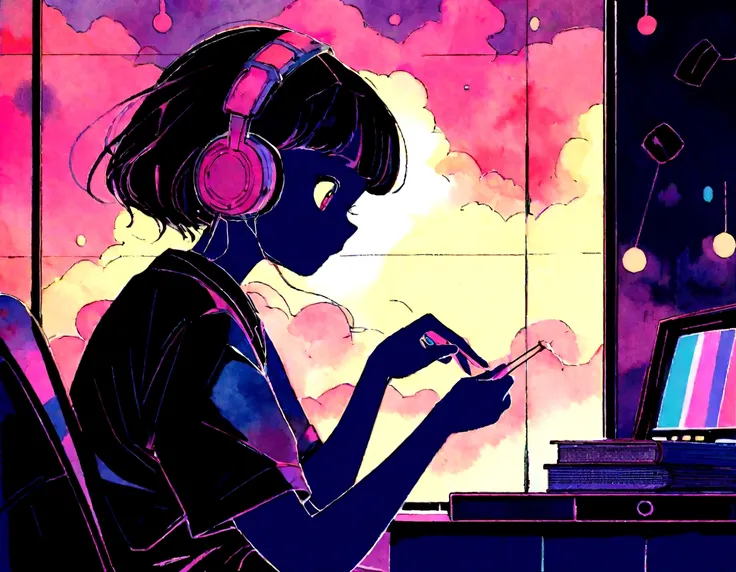 (zero), Girl studying in her room, reading a book, Wear headphones, , night lights, Neon landscape on a rainy day,Analog Color Theme, Lo-Fi Hip Hop , retrospective, flat, 2.5D ,Draw a line, Ink Drawing, Large slope, Watercolor painting, Goosch Colors, Stud...