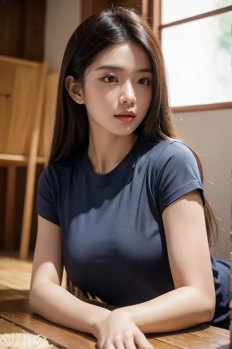 Young Haraf woman wearing a red t-shirt looks at the camera., perfect has a round face, A well-maintained model., Close-up photo, Southeast Asian women with round faces, Large bust measures 38 inches., long hair,black eyes,abdominal muscles, The body is be...