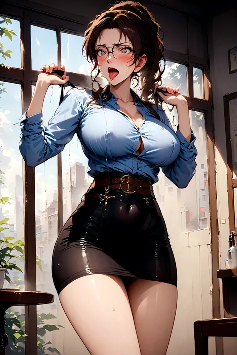 Detective Conan，Eri Kisaki，Female lawyer　breasts are oversized　Buttocks are big　《A shirt with embroidered collar design》　《最高級Leather skirt》Glittering Belt　Sexy gravure pose　handはさりげなく隠れてる　The expression shows the face of enduring humiliation and pleasure(d...