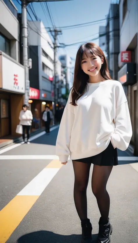 highest quality、masterpiece、Ultra-high resolution、live-action、4k、squat、Oversized sweatshirt、Beautiful Japanese Women、20 years old、Cute smile、Shooting from above at an angle、Selfie、Outdoor、In town、Shibuya