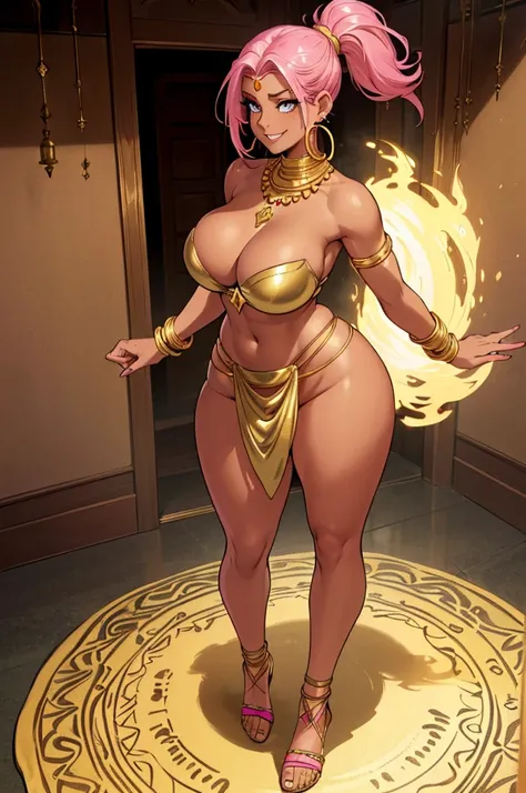 (masterpiece, best quality, high resolution, ((full body, standing,))((huge breasts)) 1 woman, (pink hair tied in a very disheveled ponytail, 1 fantasy Arabic dancer, golden jewelry, hoop earrings and necklace, gold bracelets, ((dark skin)) smile, full bod...