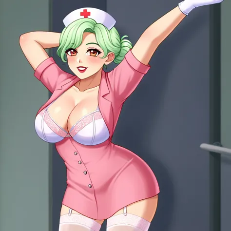 In a dimly lit hospital room, a sultry young female nurse stands out against the somber backdrop. Dressed in lacy lingerie, thigh-high stockings, and a nurses cap, she exudes seductive mystery. Soft, warm glow illuminates her low-cut pink top showcasing am...