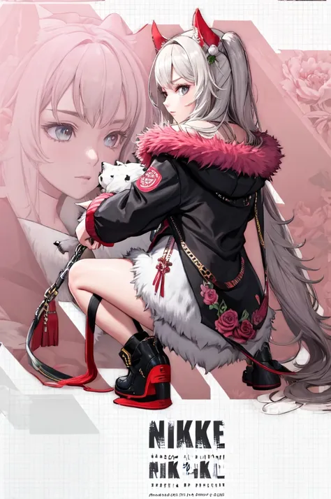 one girl, incrs nikke profile, whole body, zoom layer, one knee, peony, peonyoutfit, bordered with fur, jacket, long hair, from ...