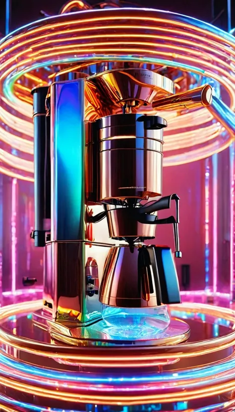 High quality exquisite wallpapers,wide_shot,coffee maker,Precision machined metal structure,Shining neon lights,(Photon force field:1.5),(Holographic:1.2),Holographic fabric,water,water element,coffee flowing with water,