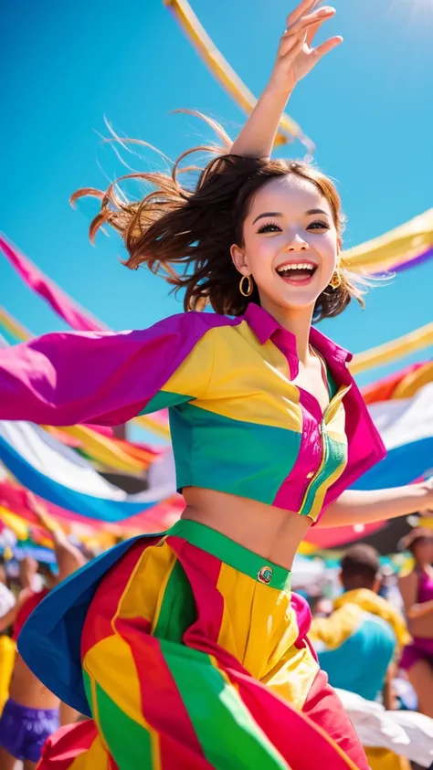 A cute young woman dancing with a joyful expression, wearing a stylish and colorful outfit. The background shows a lively and vibrant setting, with dynamic poses and fluid movements capturing the energy of the dance.