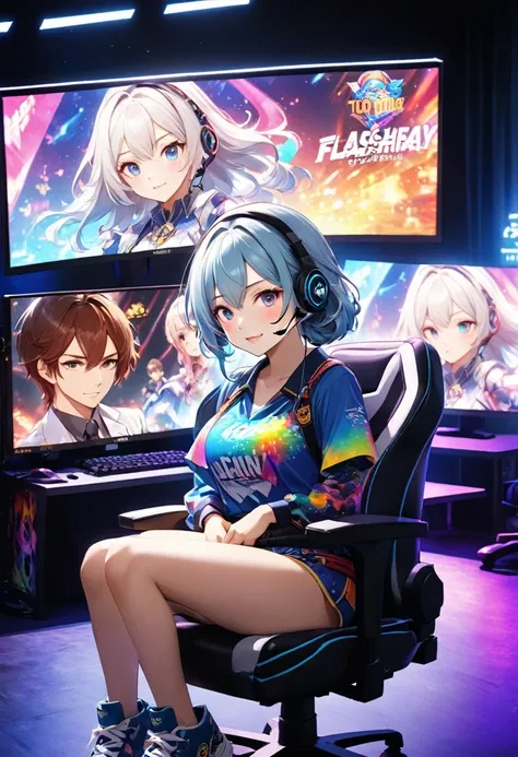 最Highest quality, Highest quality, 16K, Unbelievably absurd, Very detailed, 2.5D, delicate and dynamic, Movie Scenes, formal, Poster Design, Esports, Tokyo, Indoor Stage, , game PC, game, headset, The Big Picture, Flashy lighting, psychedelic, Gaming Chair...