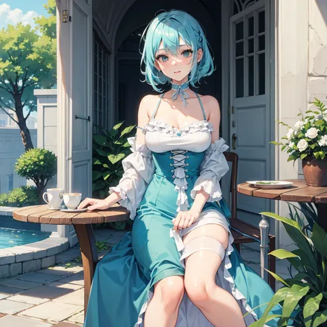  light blue hair, cake strip, Cute green eyes, Beautiful Mouth, 1,60, medium chest, sitting on a large chair in a courtyard 