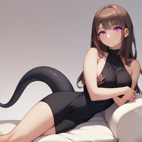 1 adult anime girl, solo, looking at viewer, long black tail, purple eyes, sitting, big breasts, black dress, 2 very slim dress bands covering breasts, hair hears, long dark brown hair, nsfw, 1 breast exposed.