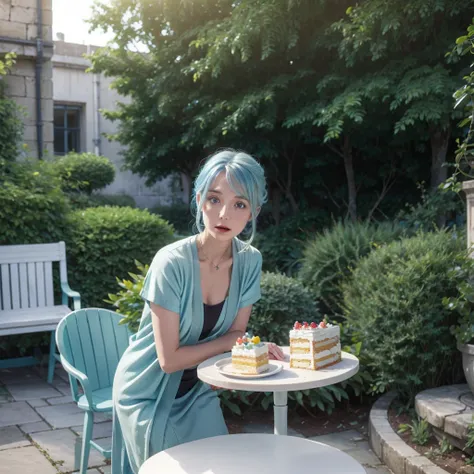  light blue hair, cake strip, Cute green eyes, Beautiful Mouth, 1,60, medium chest, sitting on a large chair in a courtyard 