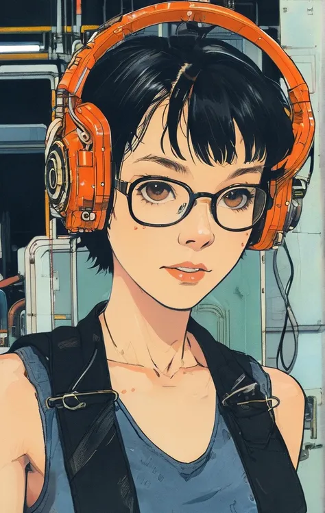 Nijistyle, short hair, NNLNNX, A muscular 35-year-old female welder working hard in a nearly naked steel industry in the Simon Bisley style, (( Welders technological glasses on the forehead )), Holding a blowtorch, fumando um charuto, charuto entre os dent...