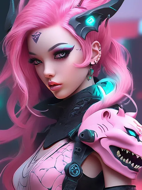 a close up of a woman with pink hair and tattoos, cyberpunk art inspired by rossdraws, trending on cg society, gothic art, demon girl, portrait of demon girl, beautiful succubus, demon anime girl, beautiful pink little alien girl, horrific digital art, pas...