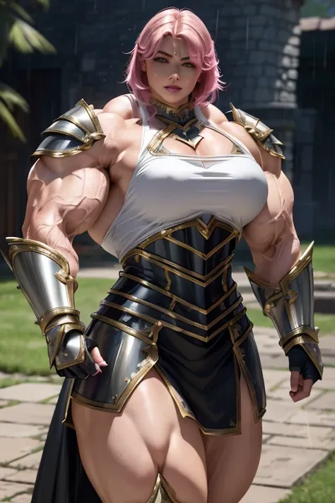 (((Massive beautiful, buff, light brown skinned muscular paladin woman with shocking pink hair, black lipstick, ginormous bulky muscles and wearing full gleaming pink paladin knight armored with a long tiered skirt))), (close view), large breast, massive m...