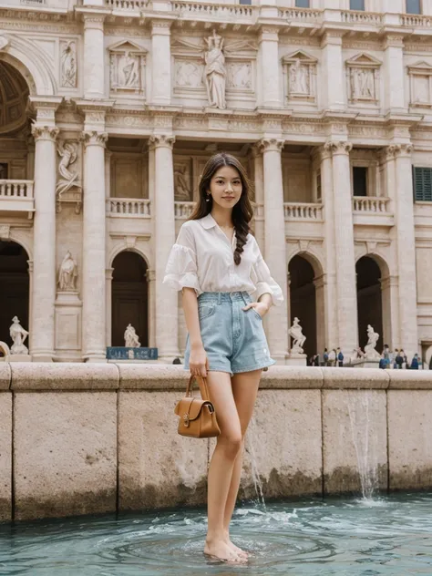 her name is Asako, high quality, 1girl, ((20-year-old fit Caucasian woman)), ((20 years old)), ((slim)), ((Fishtail Braid hair)), pose: standing, wearing unique stylish fashionable Generation-Z modern wear pastel colored, BACKGROUND:"At the Trevi Fountain,...