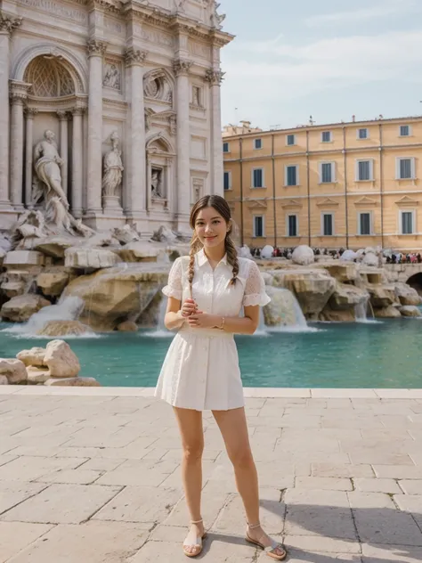 her name is Asako, high quality, 1girl, ((20-year-old fit Caucasian woman)), ((20 years old)), ((slim)), ((Fishtail Braid hair)), pose: standing, wearing unique stylish fashionable Generation-Z modern wear pastel colored, BACKGROUND:"At the Trevi Fountain,...