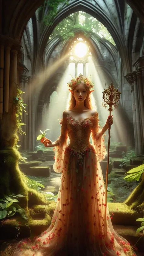 In a dappled, ancient forest ruin, an Elf Princess stands tall, her scepter raised high as beams of warm sunlight filter through the trees, casting a golden halo around her regalness. Her beautiful summer wear, enchanted clothing shimmers in the soft light...