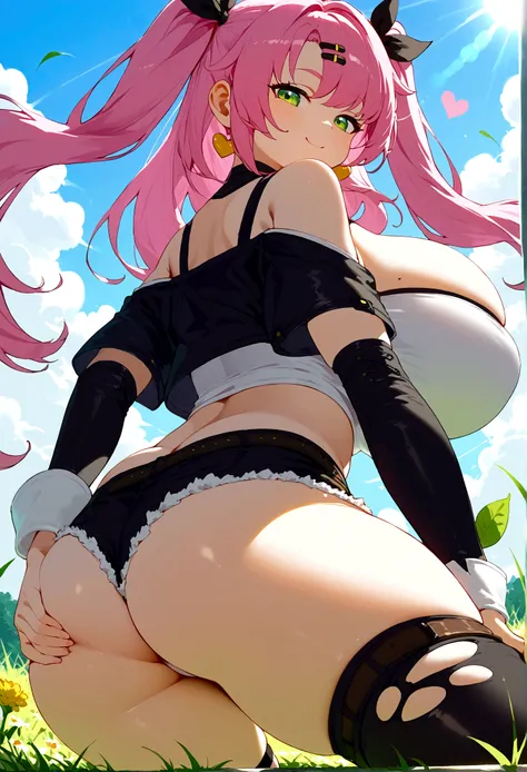 score_9, score_8_up, score_7_up, source_anime, looking at viewer, close-up, 
Ncle, green eyes, pink hair, long hair, two side up, hair ribbon, hairclip, mole under eye, tube top, black jacket, heart choker, midriff, micro shorts, single thighhigh, shoulder...