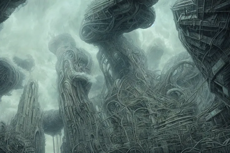 city of merging organic forms, creeping cables and pipes , in style of Dan Seagrave, H. R. Giger, Zdzisław Beksiński with cinematic lighting, background cloud storm inspired by jeffrey smith