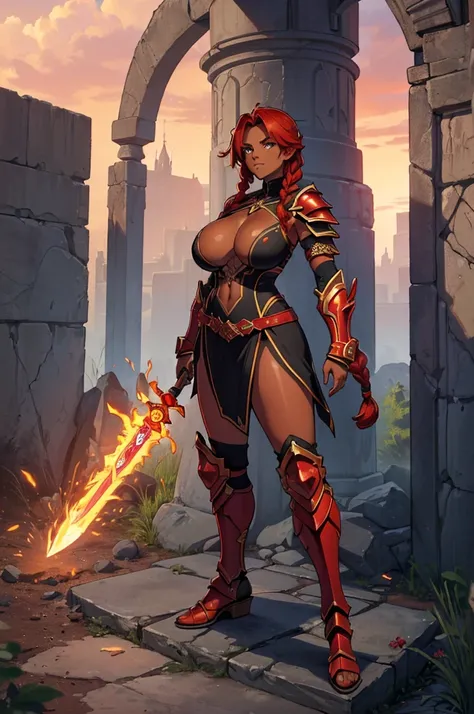 (masterpiece, best quality, high resolution, ((full body, standing,))((huge breasts)) woman, 1 magical warrior, powerful looking, with very shaggy red hair tied in a long braid, full body magical warrior armor flaming sword in hands,((full body,dark skin))...