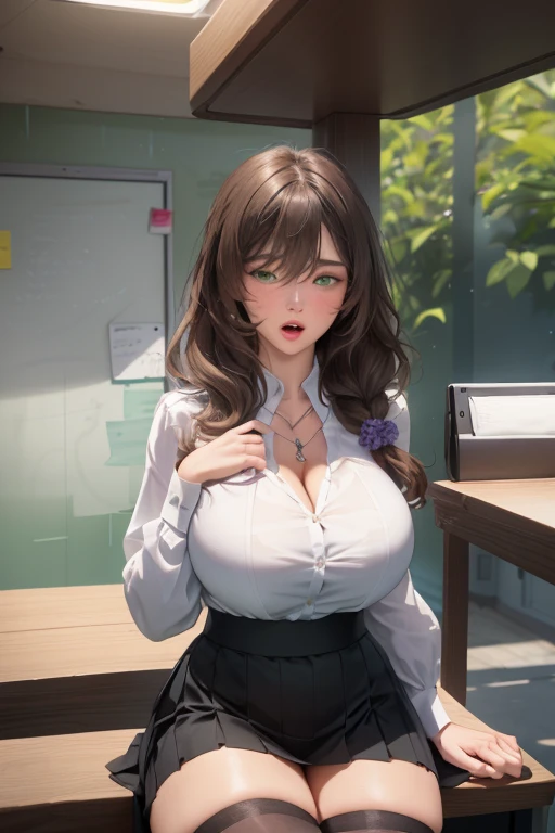 ,(((Full and soft breasts,)))(((Huge breasts))) (((Cleavage))) (Perfect curvy figure) ,Lisa, Genshin Impact, 1 girl, Solitary, ((White shirt)), black High Leg Raise, Huge breasts, cleveage, , office background, Black skirt, Pleated Skirt, Short skirt, offi...