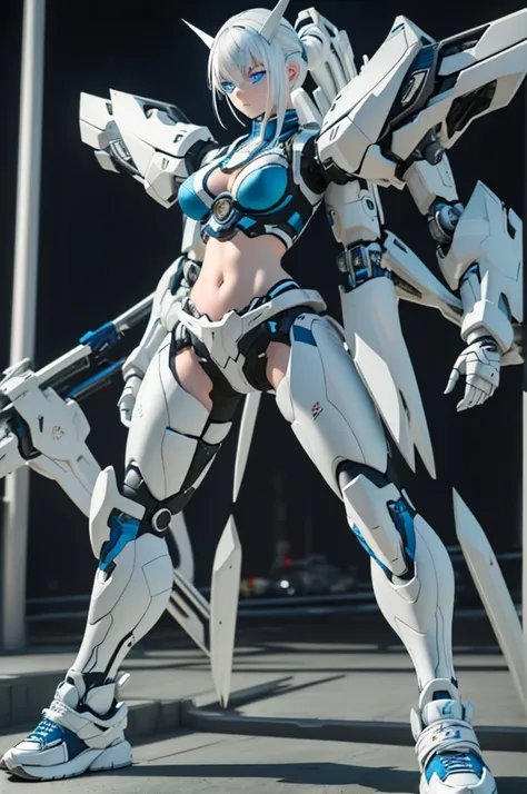 1 girl with white hair, blue eyes, wearing a high-tech bra, midriff exposed, mechanical battle arms, pants, high-tech sneakers, serious pose, setting with Mecha robot