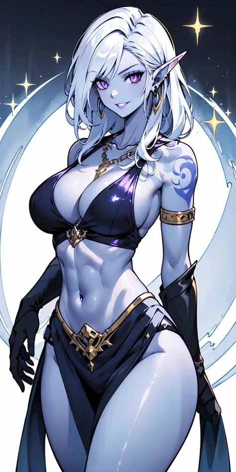 A mature drow elf woman with gray skin stands tall and proud, her muscular body adorned in a black bikini. Her white hair frames her face, which is etched with a happy expression. Her purple eyes sparkle with mischief, and her lips curve into a playful smi...