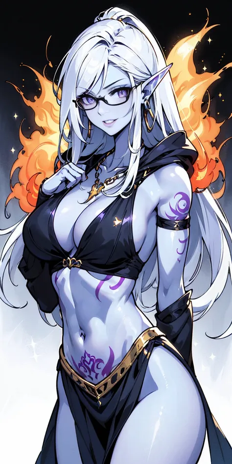 A mature drow elf woman with gray skin stands tall and proud, her muscular body adorned in a black bikini. Her white hair frames her face, which is etched with a happy expression. Her purple eyes sparkle with mischief, and her lips curve into a playful smi...