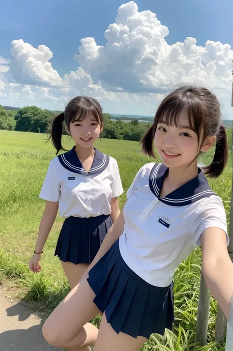 2 girls in rural field,cumulonimbus cloud in summer sky,sailor shirt,navy blue pleated micro mini skirt fluttering up,white panties,18-year-old,bangs,a little smile,thighs,knees,short hair with low pigtails bunches,from below,front light