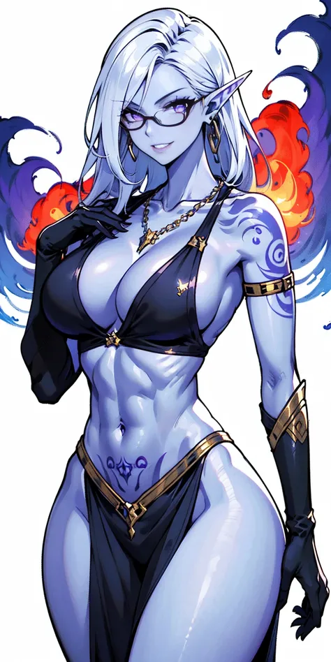 A mature drow elf woman with gray skin stands tall and proud, her muscular body adorned in a black bikini. Her white hair frames her face, which is etched with a happy expression. Her purple eyes sparkle with mischief, and her lips curve into a playful smi...