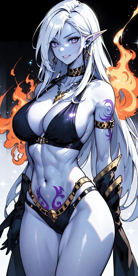 A mature drow elf woman with gray skin stands tall and proud, her muscular body adorned in a black bikini. Her white hair frames her face, which is etched with a happy expression. Her purple eyes sparkle with mischief, and her lips curve into a playful smi...