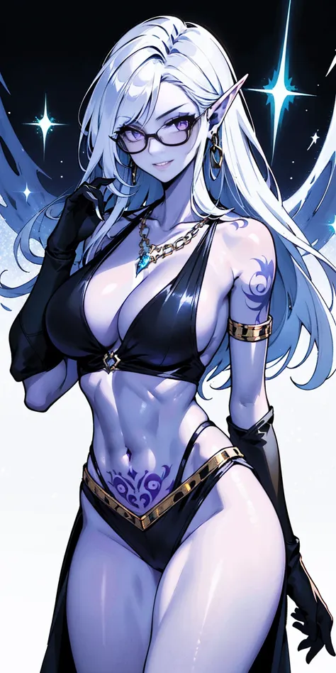 A mature drow elf woman with gray skin stands tall and proud, her muscular body adorned in a black bikini. Her white hair frames her face, which is etched with a happy expression. Her purple eyes sparkle with mischief, and her lips curve into a playful smi...