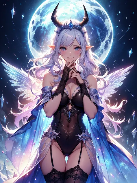 最high quality、最high quality、1 woman elf、Succubus、(( cowboy shot ))((full body stocking))((see-through body stocking))、Beautiful eyes、tears、Raise your arms behind your head、Beautiful decoration、、Ice tiara、、A world made of ice、最high quality , Fractal Art.Ice...