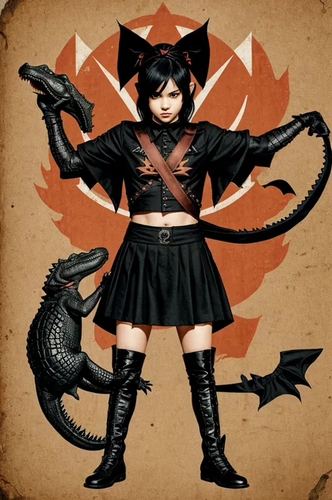 crocodile on two legs, holding a black flag with the babymetal logo, with a headband and a drawing of a peach