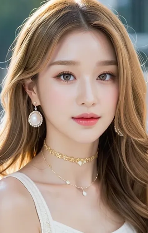 Portrait of a sweet casual look hairstyle for spring and summer, a close up of a realistic person with a charming smile, oval face, Beautiful cat-like eyes, cute button nose, and small and fairly full lips, Transparent throughout makeup with Apply a touch ...