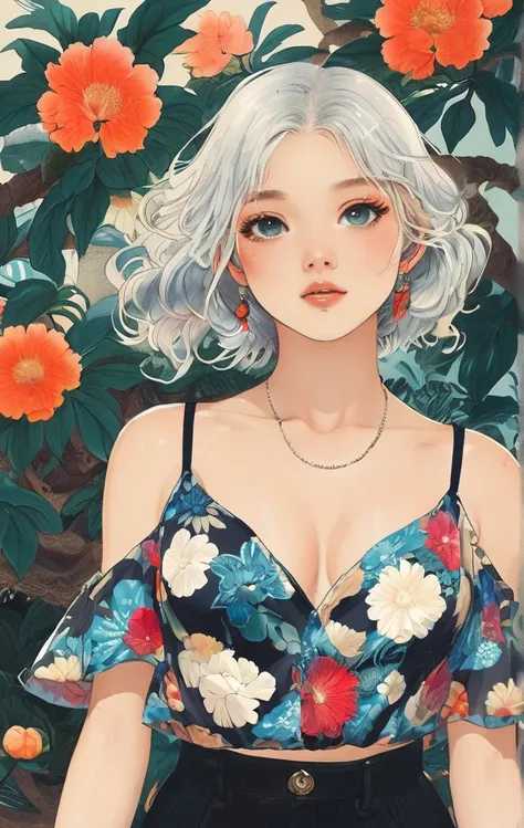  female，silver hair，blue eyes，short camisole，crop shirt，Off shoulders，white，Art， anime，illustration、Create a digital art work in pop art style, featureing a vibrant and confident woman with bold makeup and colorfull fashion, cinematic color scheme, surroun...