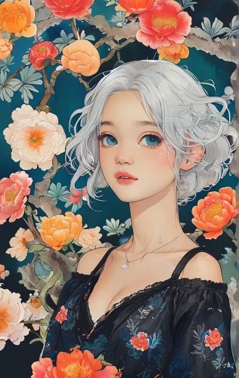  female，silver hair，blue eyes，short camisole，crop shirt，Off shoulders，white，Art， anime，illustration、Create a digital art work in pop art style, featureing a vibrant and confident woman with bold makeup and colorfull fashion, cinematic color scheme, surroun...