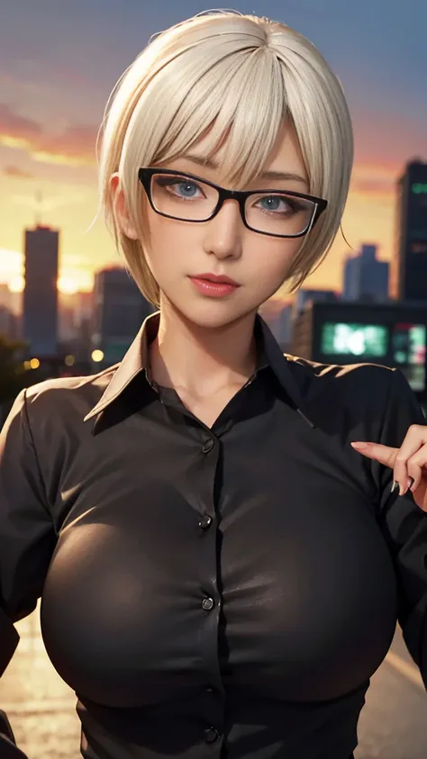 4K quality、最high qualityの傑作、Punk girl with thin glasses and a black shirt., (Heavy makeup), Blurred city background at sunrise, short hair, detailed face, high quality, high resolution、(full shot:1.8), big breasts、