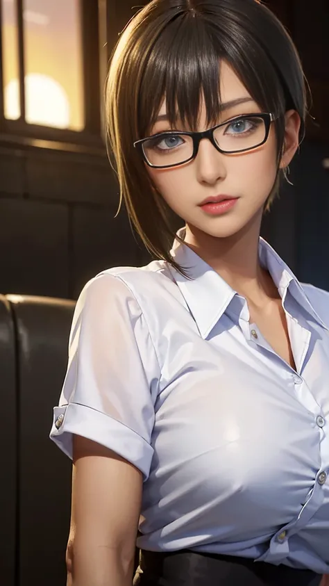 4K quality、最high qualityの傑作、Punk girl with thin glasses and a black shirt., (Heavy makeup), Blurred city background at sunrise, short hair, detailed face, high quality, high resolution、(full shot:1.8), big breasts、