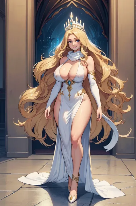 (masterpiece, best quality, high resolution, ((full body, standing,))((huge breasts)) 1 woman, 1 elegant fantasy queen, very long blonde hair down to wavy floors, split scarf, very white fantasy queen dress beautiful full body, headdress and fantasy access...