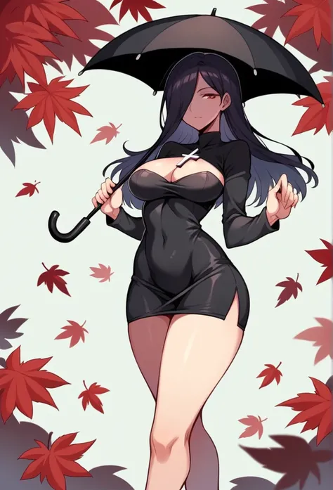 Parasoul, mature woman, long legs,sexy ,short little dress,coto vaste dress,tiny dress ,long tight sleeves, ultra black dress ,semi-exposed thighs ,medium hips, bigger breasts, inverted cross figure on the chest, holding a black umbrella in his hand, red l...