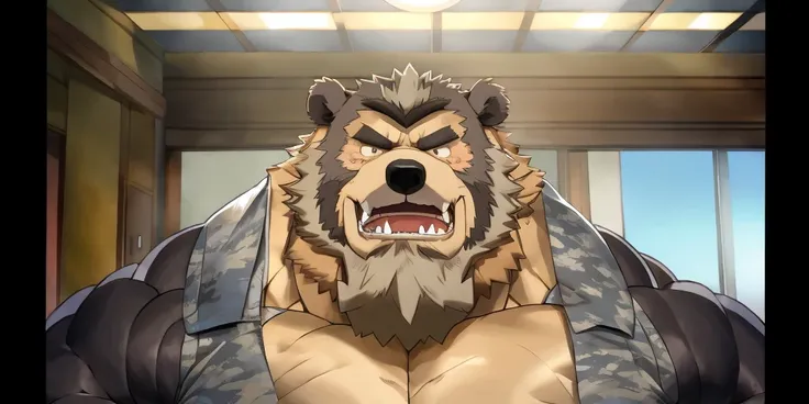 a close up of a Grizzly Bear with a beard and a beard, an angry muscular army general, 2 0 1 9 anime screenshot, in the anime film, anime Baloo, hideaki anno anime, still from tv anime, buff man, in an anime