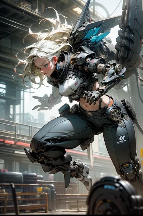 1girl, white hair, blue eyes, high-tech bra, midriff-baring, mechanical battle arms, pants, high-tech sneakers, serious pose, sci-fi mecha robot background, (best quality,4k,8k,highres,masterpiece:1.2),ultra-detailed,(realistic,photorealistic,photo-realist...